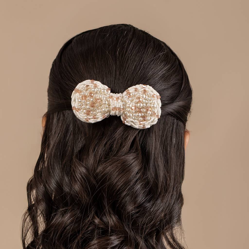 Korean Bling Pearl Blossom Bow Hair Clip : 8905124568394
