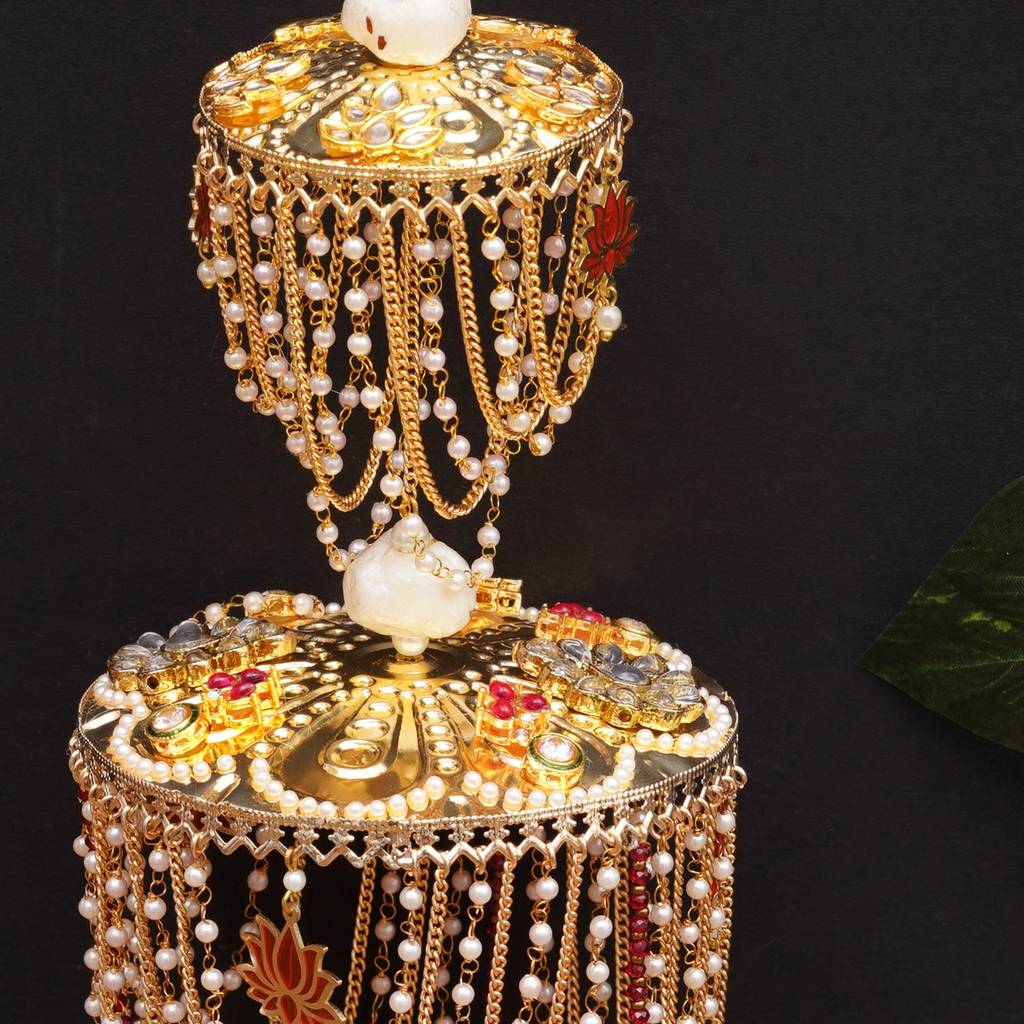Royal Pearl Dome Bridal Kaleere With Multi-Layer Chain Drapes - Set Of 2 Pieces : ACKL078