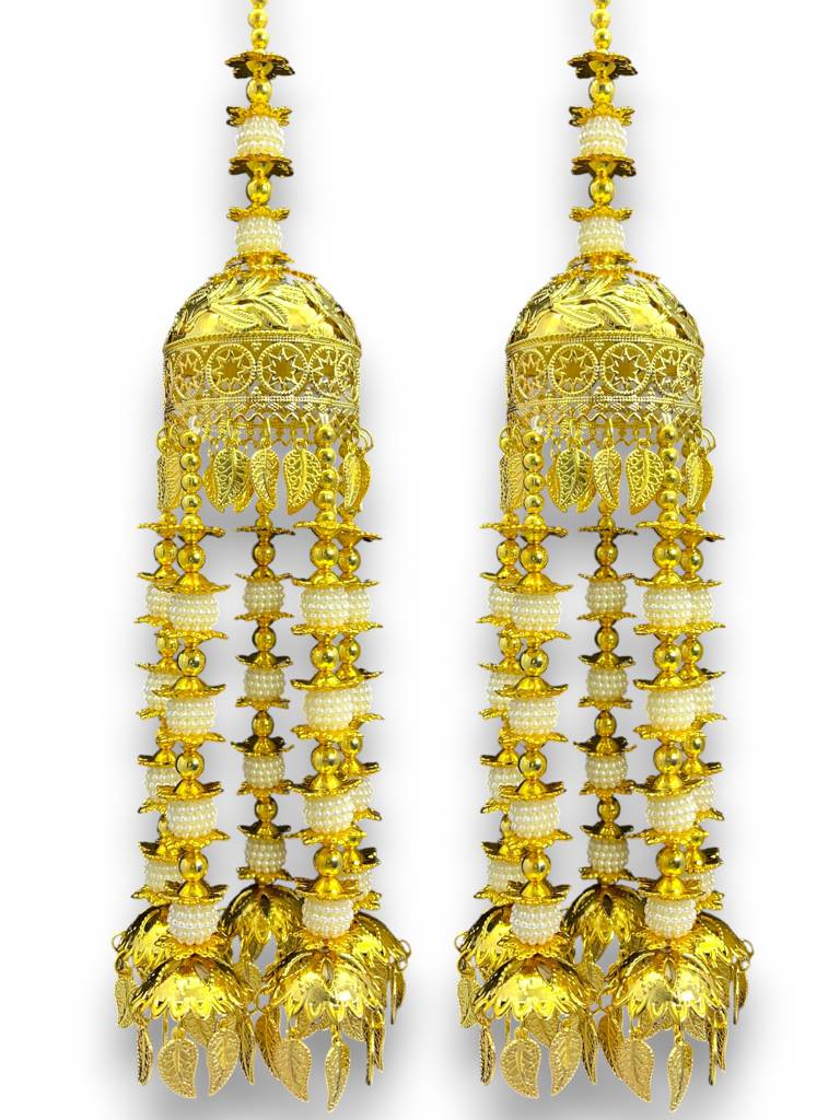 Golden Bridal Kaleera For Bride | Punjabi Wedding Kaleere With White Moti Beads & Leaf Charms | Modern Dome Desi : 2512-258-et