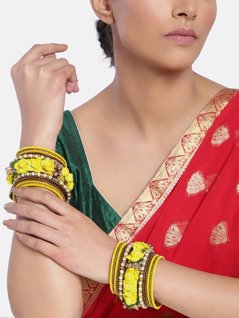 Golden Rose Flowers Decorative Bangle Set Bridal Chuda Indian Ethnic Jewellery For Women : PF51B22Y