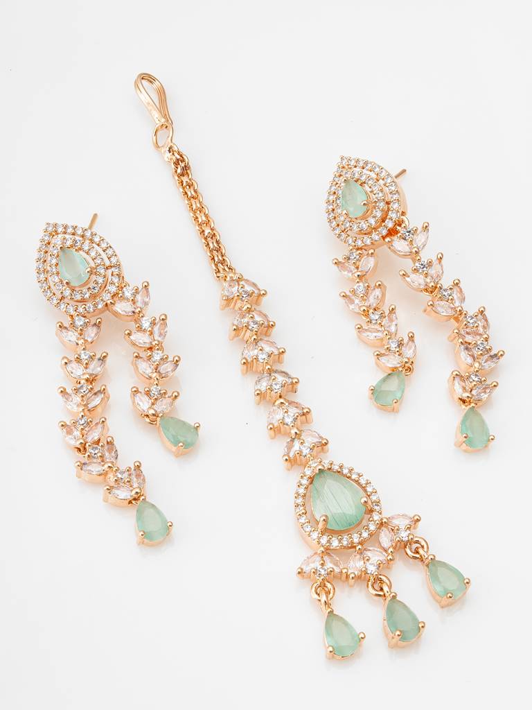 Rose Gold-Plated Ad Multi-Strand Necklace Set With Earrings And Maang Tikka In Mint Green And White Stones : NK4207