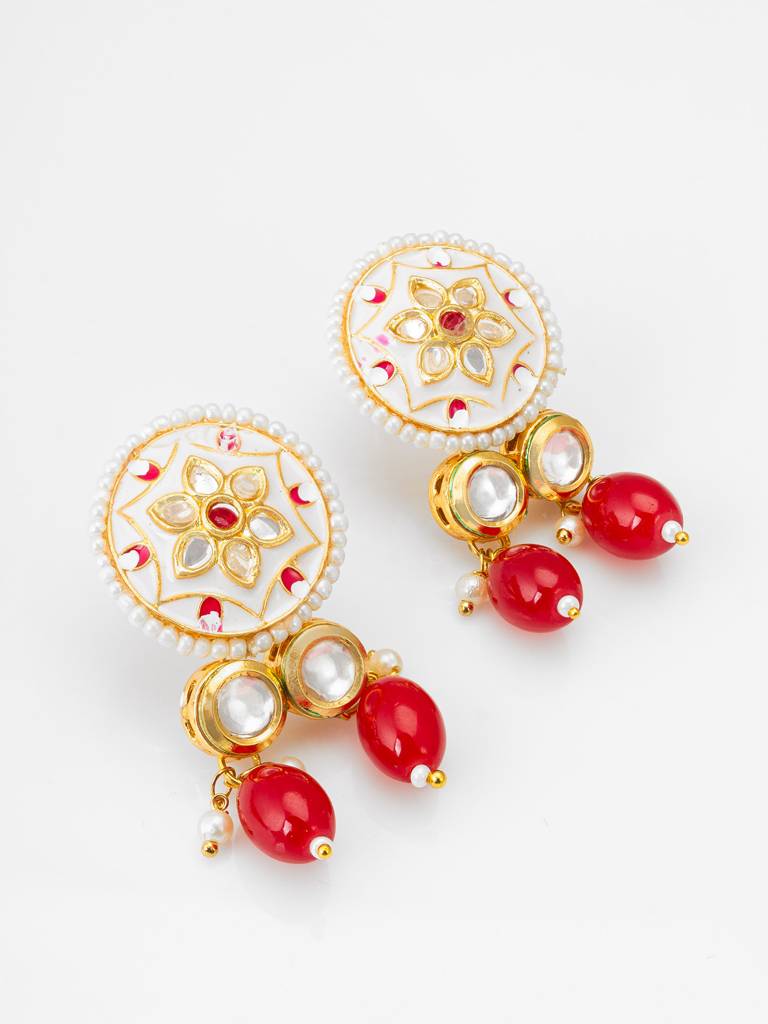 White Meenakari Kundan Pendant Necklace Set With Seed Beads And Red Stone Earrings : NK4379
