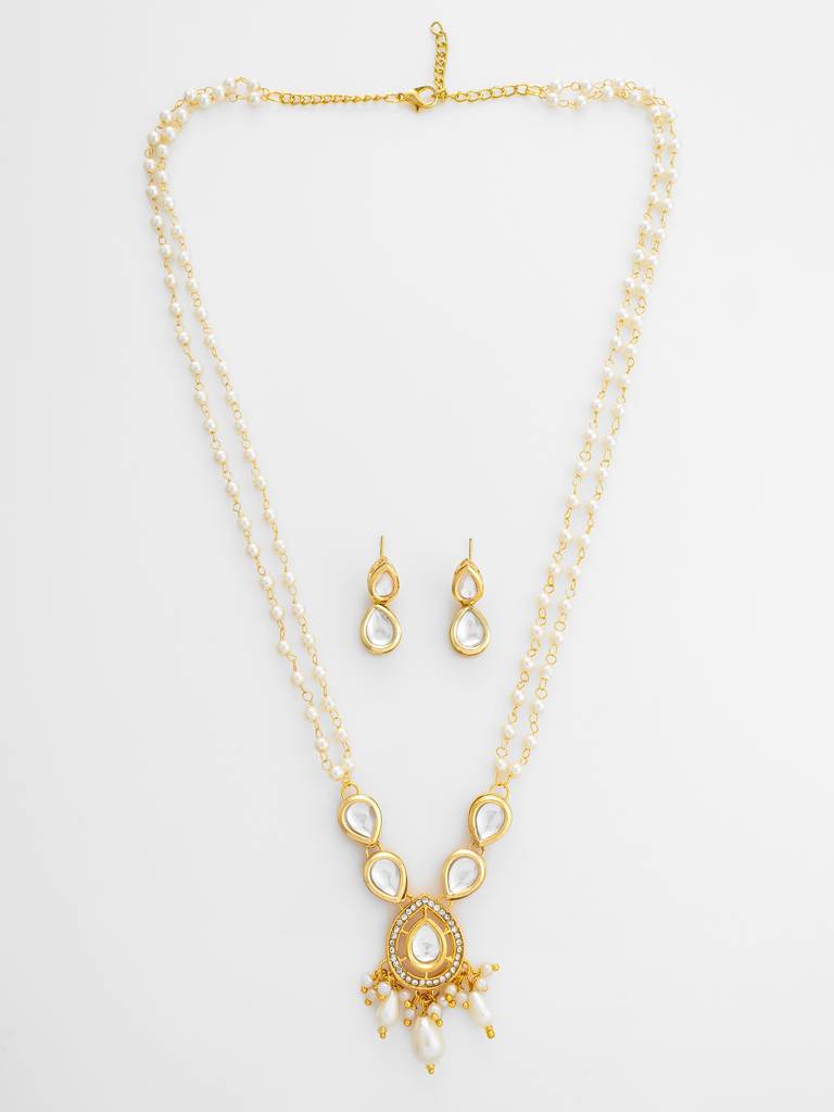 Gold Plated Pearl And Kundan Long Necklace Set : NK4848