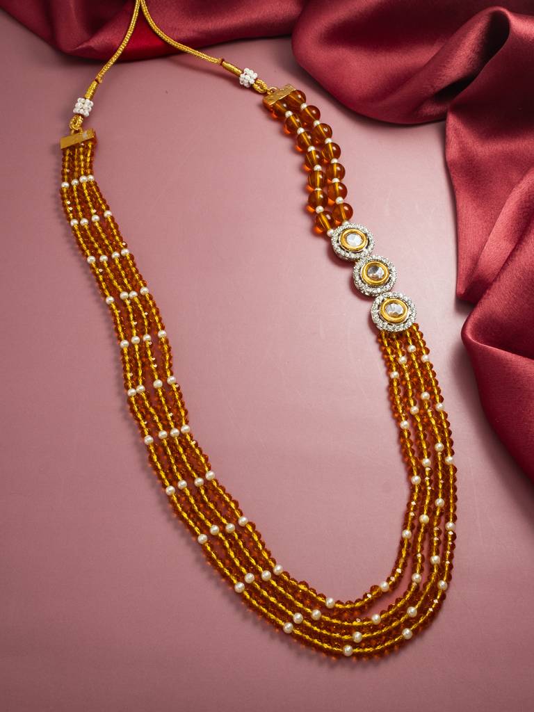 Multi-Strand Amber Crystal Bead With Triple Kundan Ad Pendant Necklace : NK4261