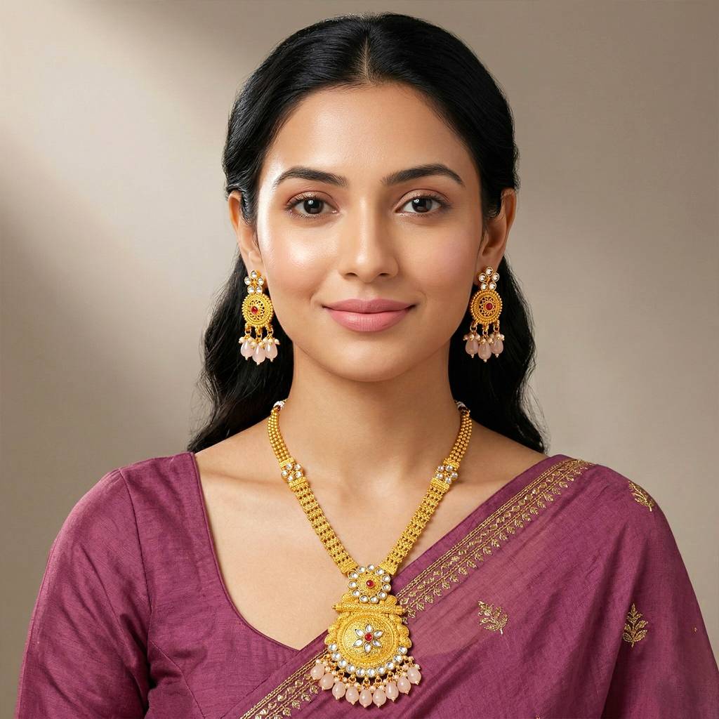 Ethnic Long Necklace Earrings Set For Women & Girls | Gold Plated | Kundan & Beads Studded | Maharani Haar South I : PF04N08RP