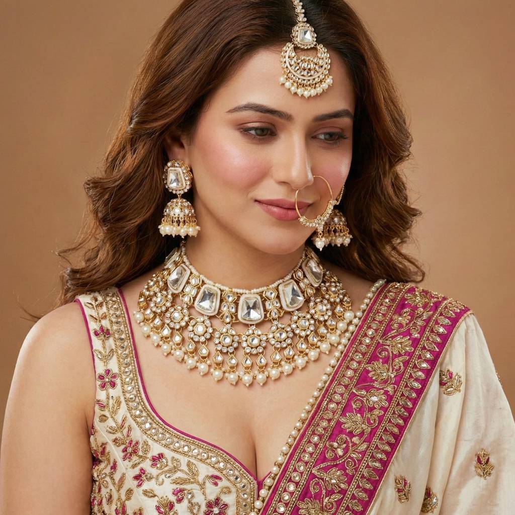 18 Kt Gold Plated Bridal & Semi-Bridal Necklace Set With Earrings, Maang Tikka & Nath : 2476-M8SK-1101-W