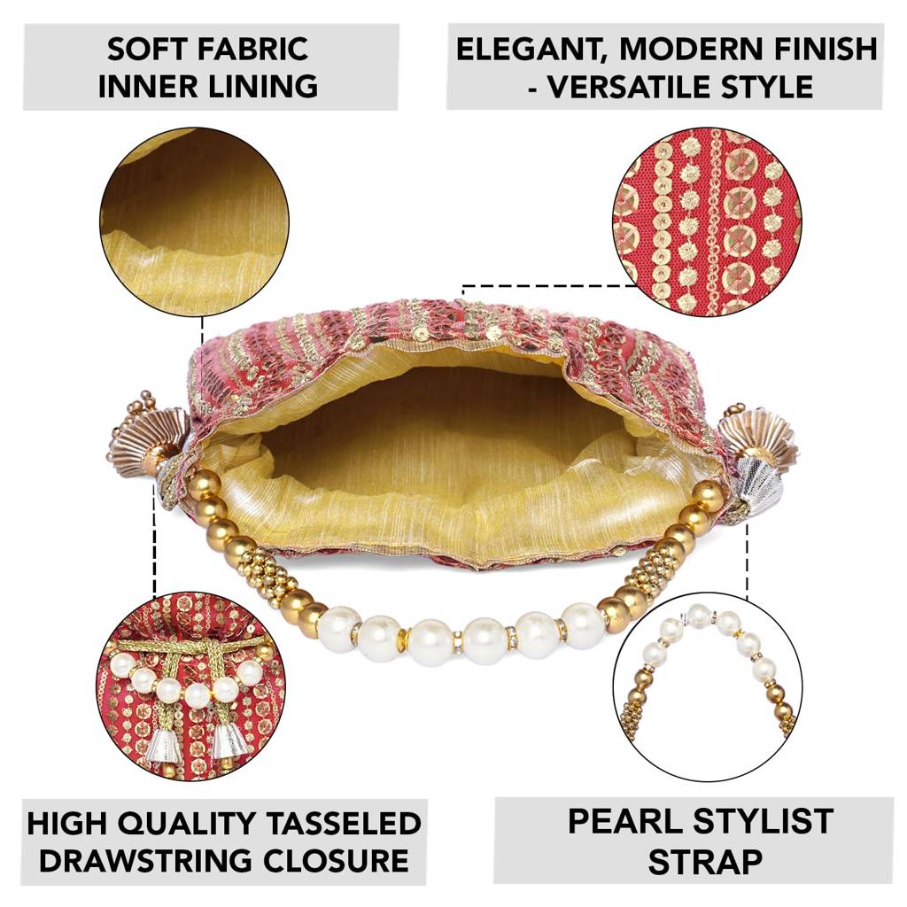 Potli Purse For Women Handmade Evening Handbag Stylish Bridal Fashion Wristlet Bag For Girls (P163G) : P163R