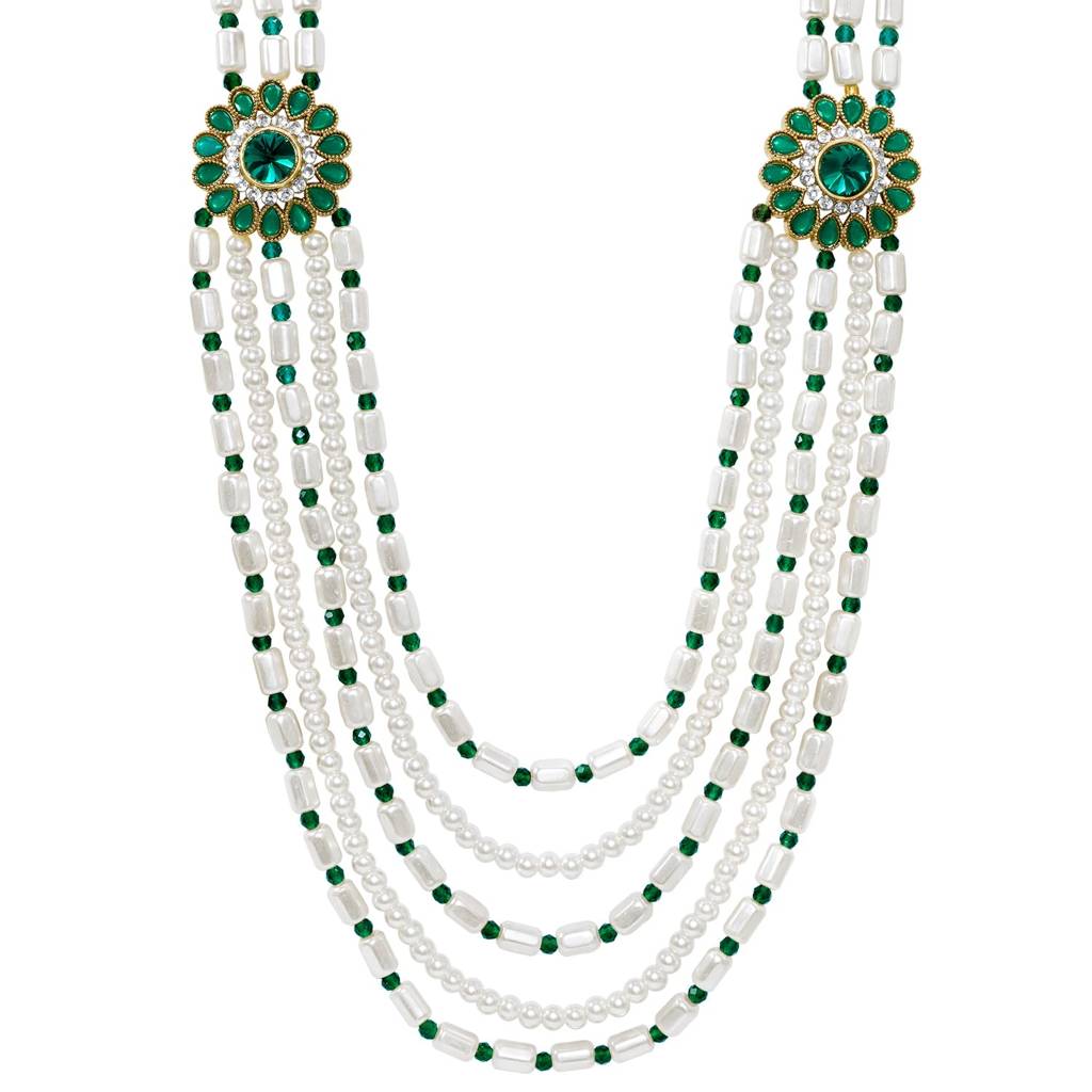 Green White Multi Layer Shervani Haar Necklace Ethnic Men'S Jewellery : PF31MN10GRN