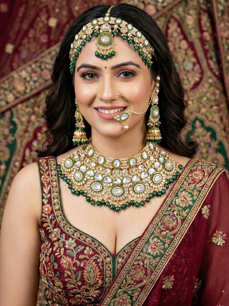 Traditional Kundan White Stone Jewellery Set For Women | Green Meenakari Gold Plated  Ethnic Necklace Set Wi : 4125-IZR-2414-G