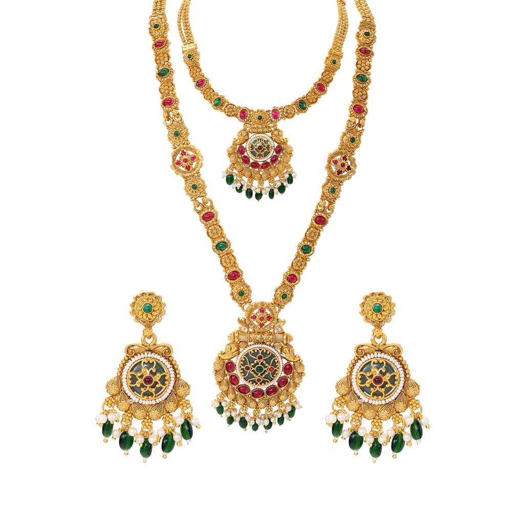 Traditional Gold Plated Bridal Necklace Jewellery Set For Women | Faux Ruby Emerald & Beads, Adjustable Drawstri : PF04BR13RPG