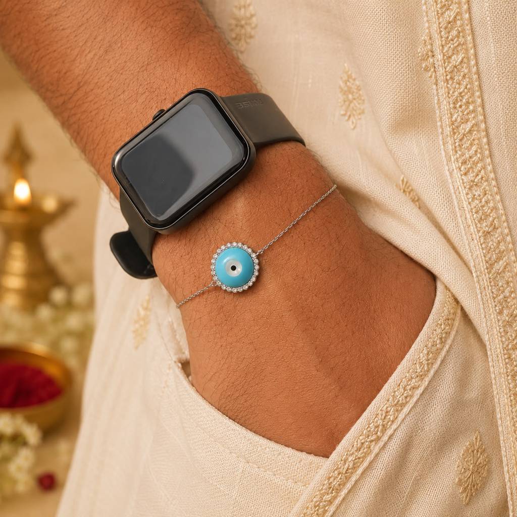 Twenty One Jewels Pure 925 Silver Evil Eye Rakhi Cum Bracelet For Brother ( Free Size With Extension Links ) : TB4184_E