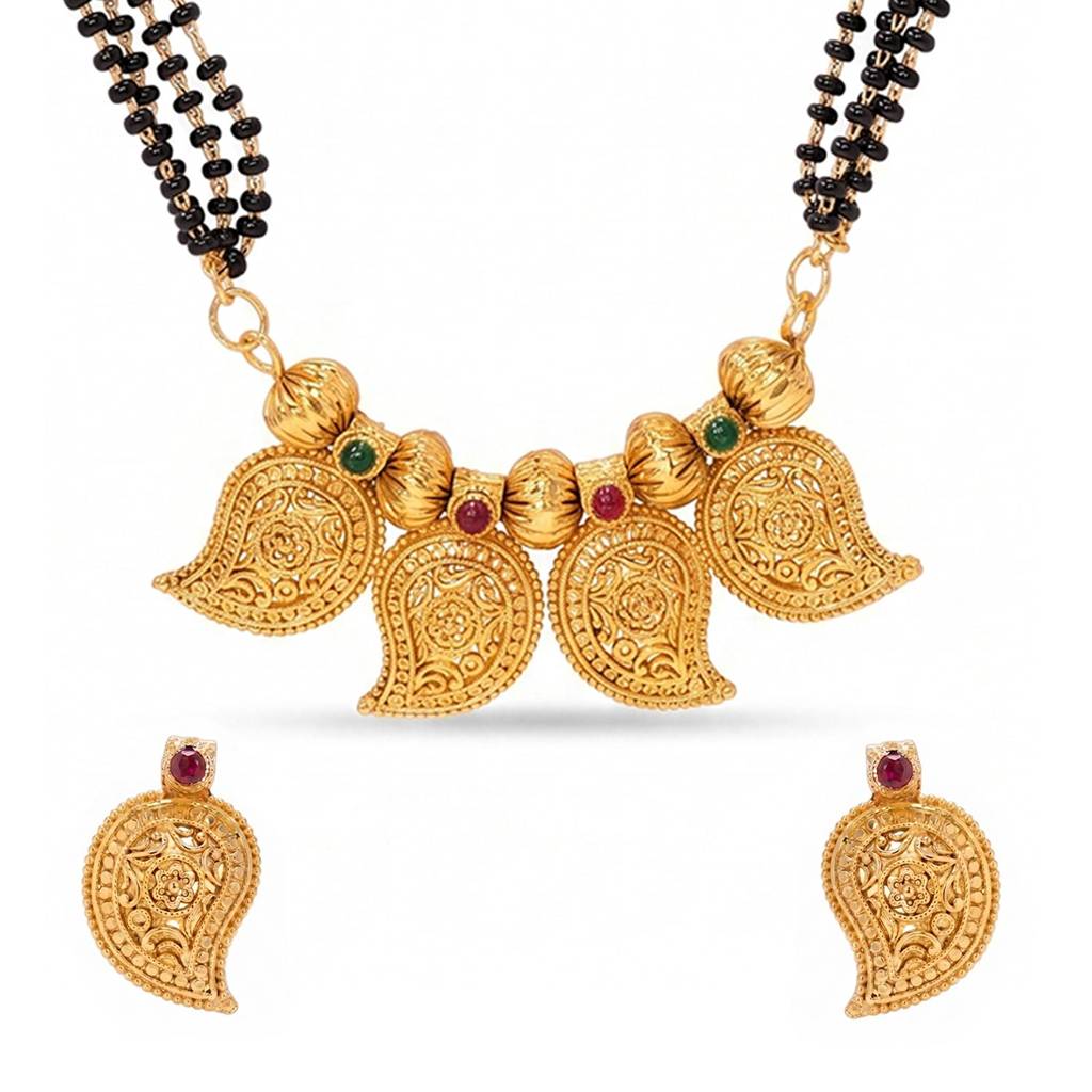 Traditional Gold Plated Mangalsutra Earrings Set For Women | Faux Ruby & Emerald Studded | Festive & Bridal Jewel : PF04MS13RG
