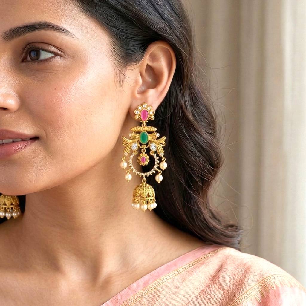 Ethnic Dangle Jhumki Earrings For Women & Girls Gold Plated Faux Emerald Ruby & Crystals Studded Festive Bridal Je : PF76E02RG
