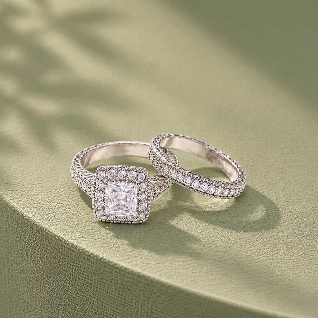 Silver Plated Fancy Solitaire & Eternity Finger Ring For Women Us 7, Set Of 2 Crystal & Cz Studded Festive & Cas : PX9R3074W-7