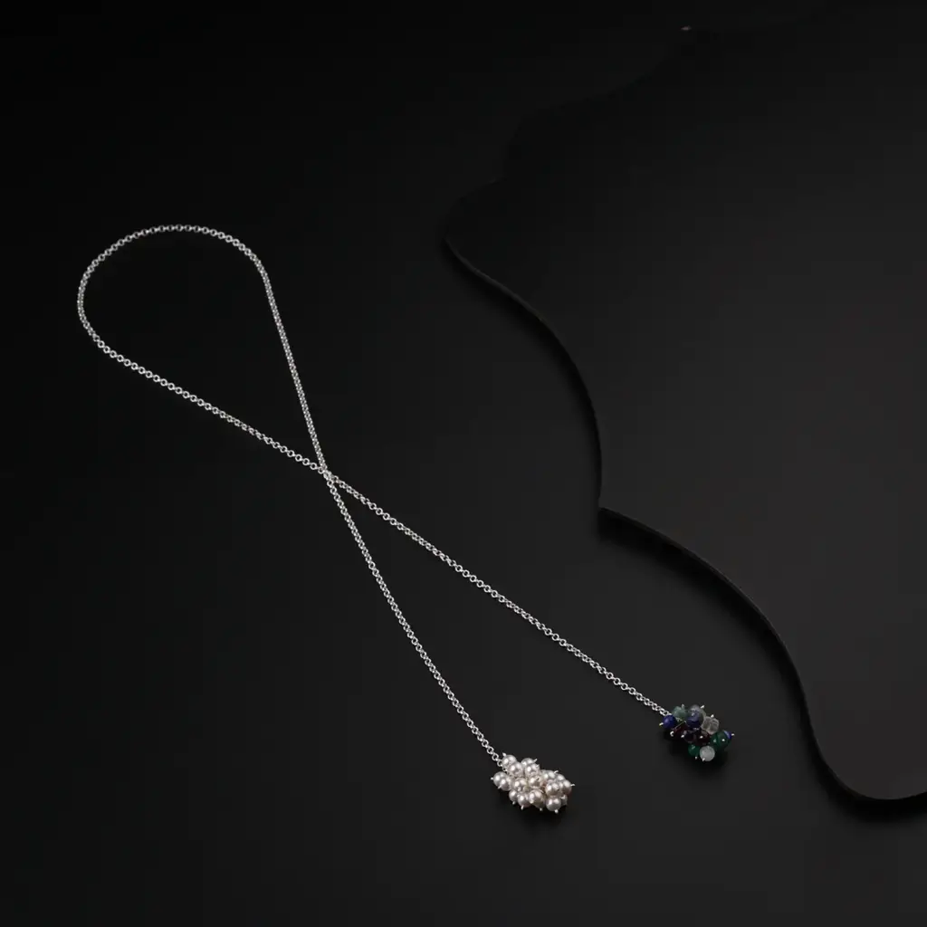 Silver Tie & Wear Necklace With Pearls & Semi Precious Stones : 92258455