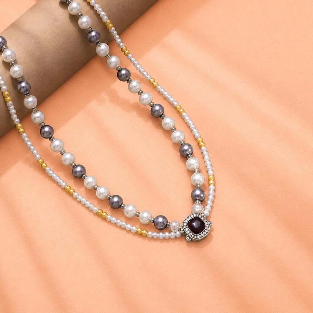 Silver Plated 2 Layer Necklace For Women | Pearl Studded | Festive & Casual Wear Jewellery | Gift For Her : PX9N285GRY