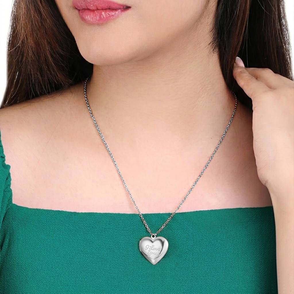 I Love You Heart Shape Openable Pendant Chain Necklace For Women & Girls | Silver Plated | Stylish Design Jewellery  : PX9P93S
