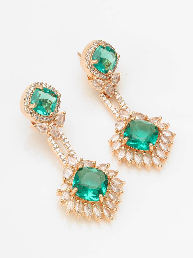 Party Wear Rose Gold Emerald Green Stone Y-Drop Necklace Set With Marquise Drop Earrings : NK4216