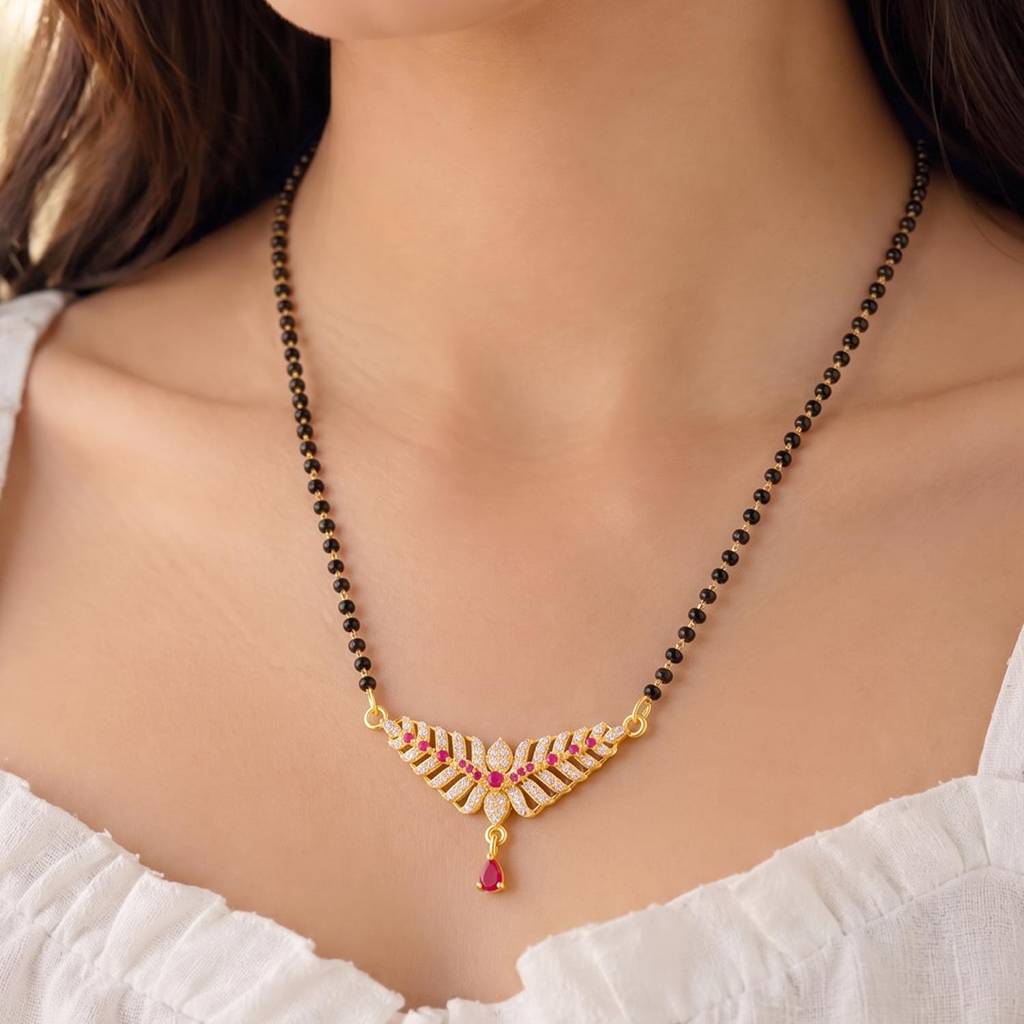 Gold Plated Rani Pink Cz Studded Fancy Mangalsutra For Women | Festive & Bridal Jewellery, Anniversary Birthday  : PF04MS21RPW