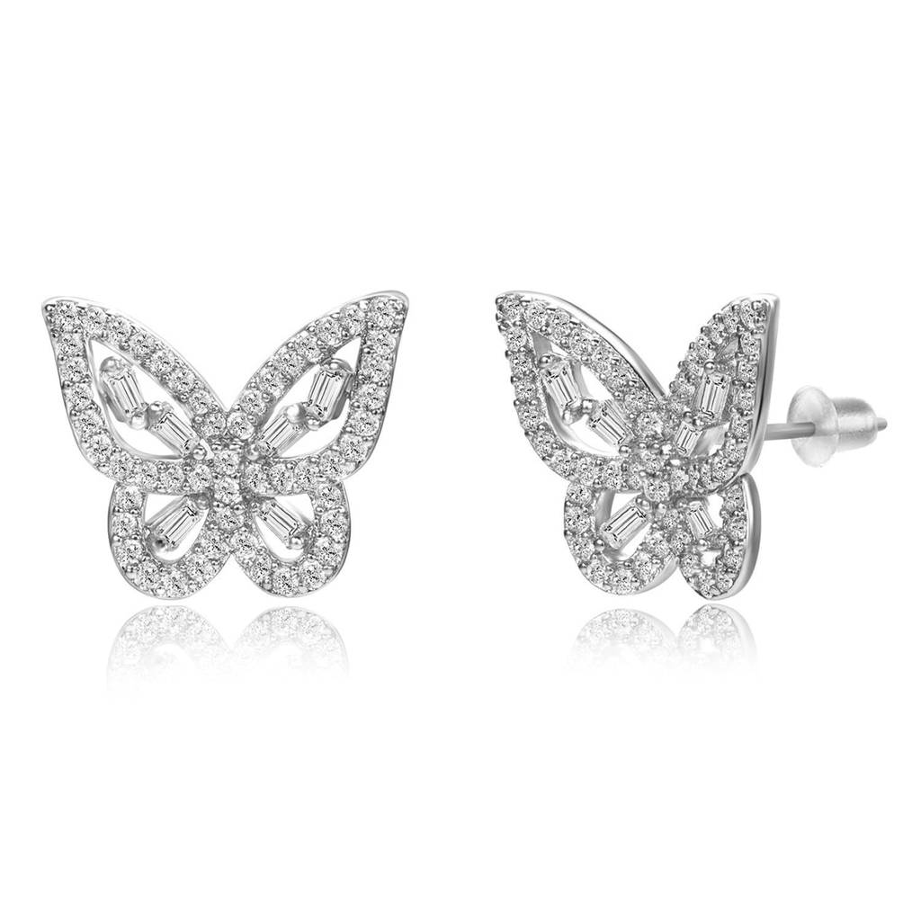 Butterfly Style Cz & Baguette Stone Stud Earrings Jewellery Gift For Women : PF68E337S