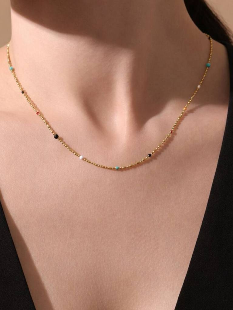 Beaded Chain Necklace For Women Anti-Tarnish Waterproof 18K Gold Plated : ALL1125N1693_40