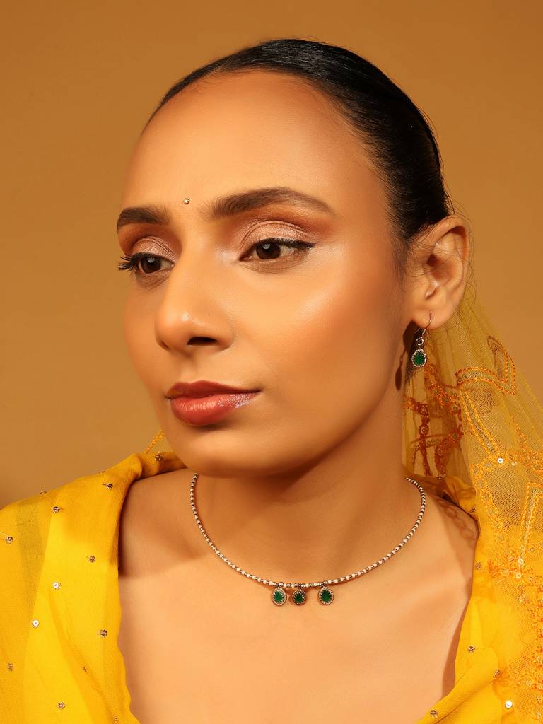 Charming Oval Shape Green Crystal Gold Plated Matinee Necklace Set (Mala) For Women : 6ML27_MD