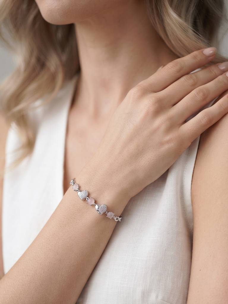 925 Silver Elara Pink Heart Charm Bracelet For Women : BR-77