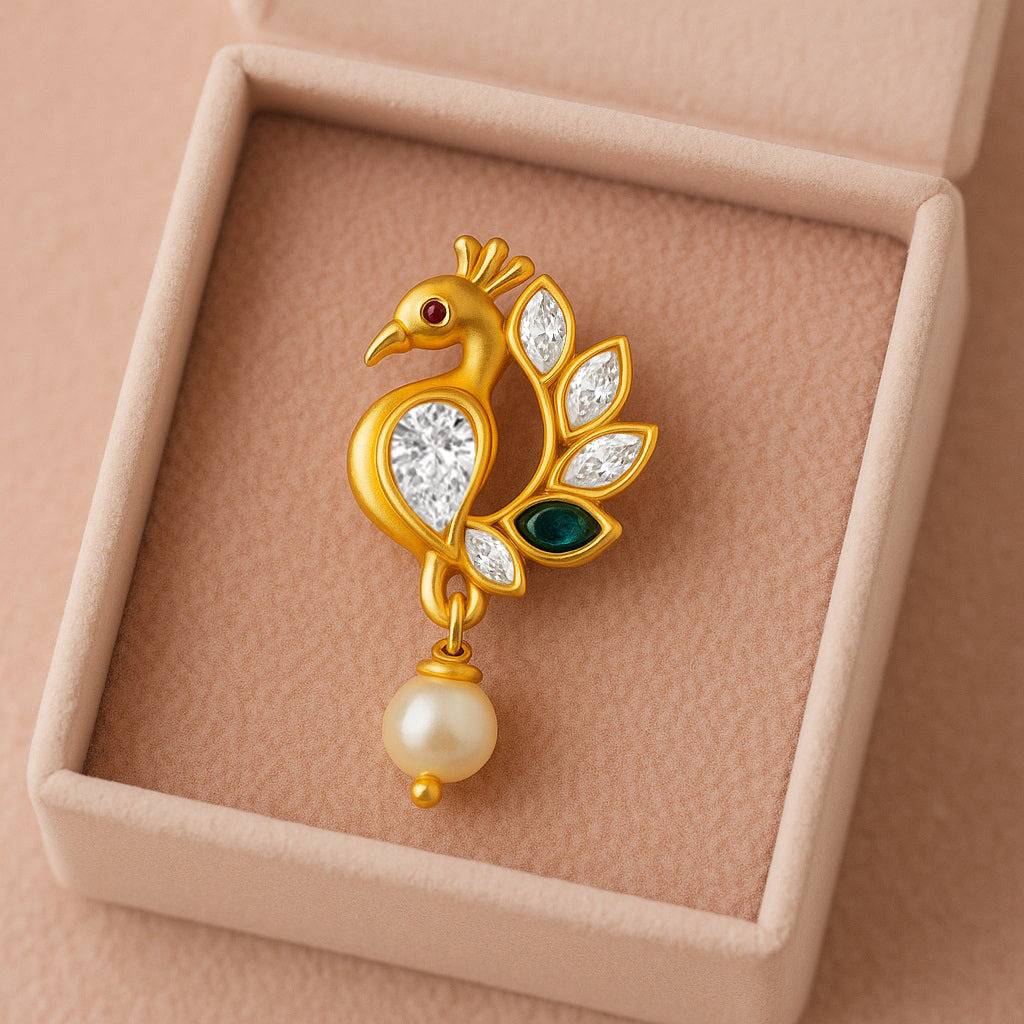 Colorful Peacock Motif With Pearl Drop Nose Pin 925 Sterling Silver Gold Plated : NP-0031-N-1-snp-0026