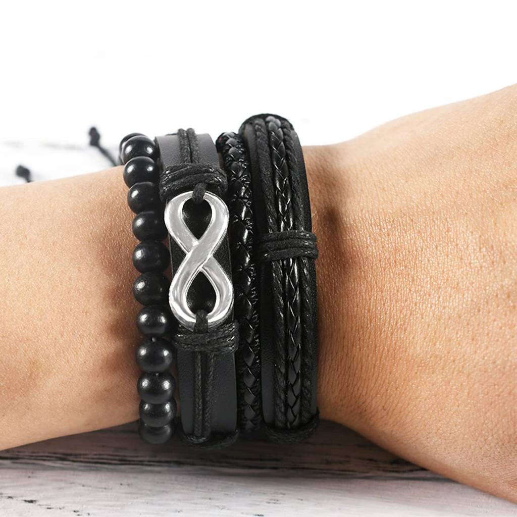 Black Synthetic Leather Pack Of 4 Bracelet Stylish Design Fashion Casual Jewellery Gift For Boys & Men : PX9LB36