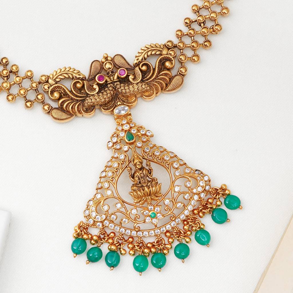 Gold Plated Lakshmi Pendant Necklace With Emerald Beads For Women : skn26m8967