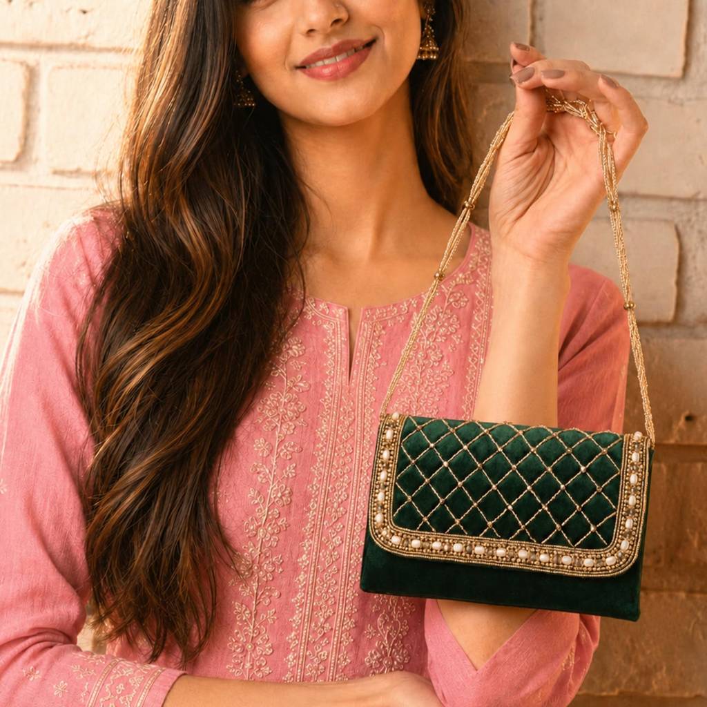 Quilted Pearl Embellished Clutch Bag For Women | Gold Beaded Strap | Wedding Festive Evening Purse : C189GRN