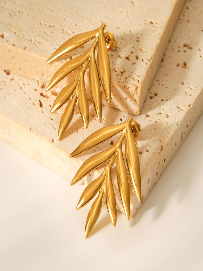 Statement Leaf Branch Stud Earrings 18K Gold Plated Anti-Tarnish Waterproof : AHC0526E452