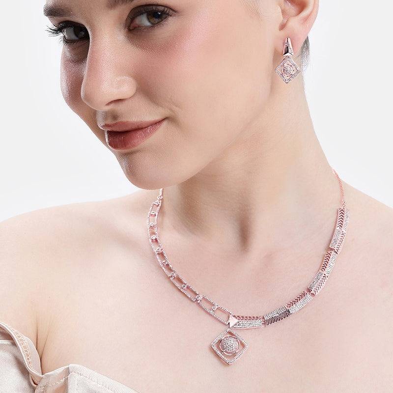Glam Cz Necklace Set|Square Halo Shape|Celebration Wear : AD-895-RGWENKER