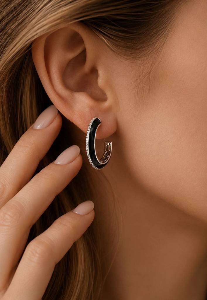 Premium Diamond Studded Black Enamel Women’S Hoop Earrings : 100041