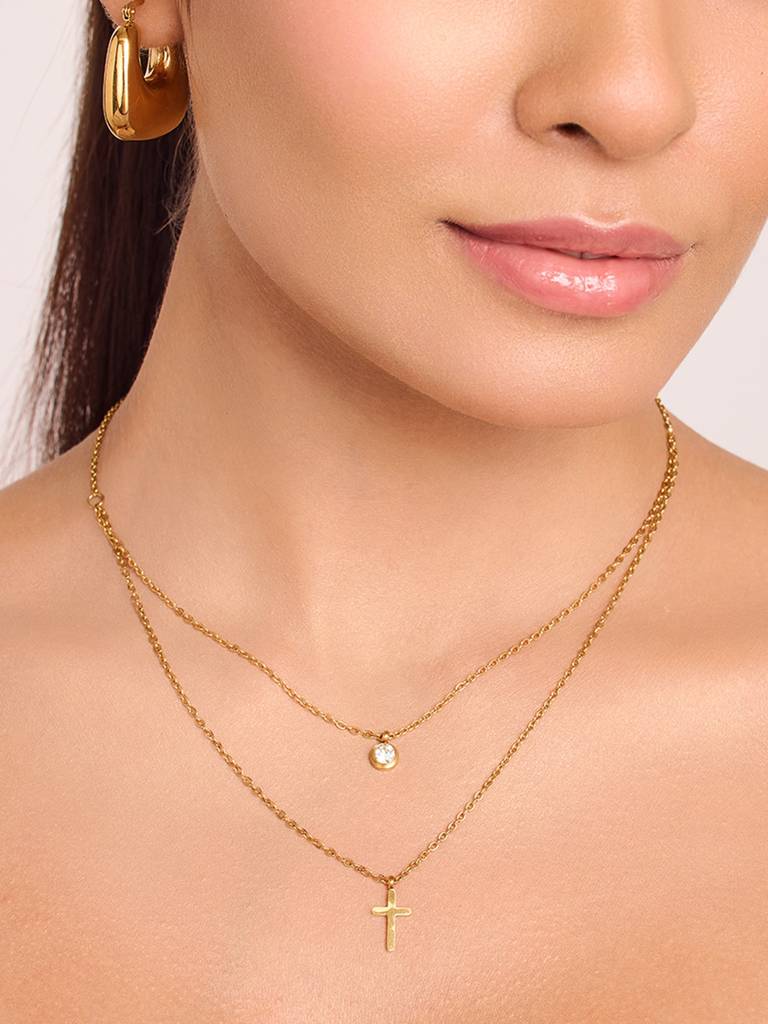 18K Gold Plated Cross Layered Necklace Stainless Steel Waterproof & Anti-Tarnish : N11ASSS0G