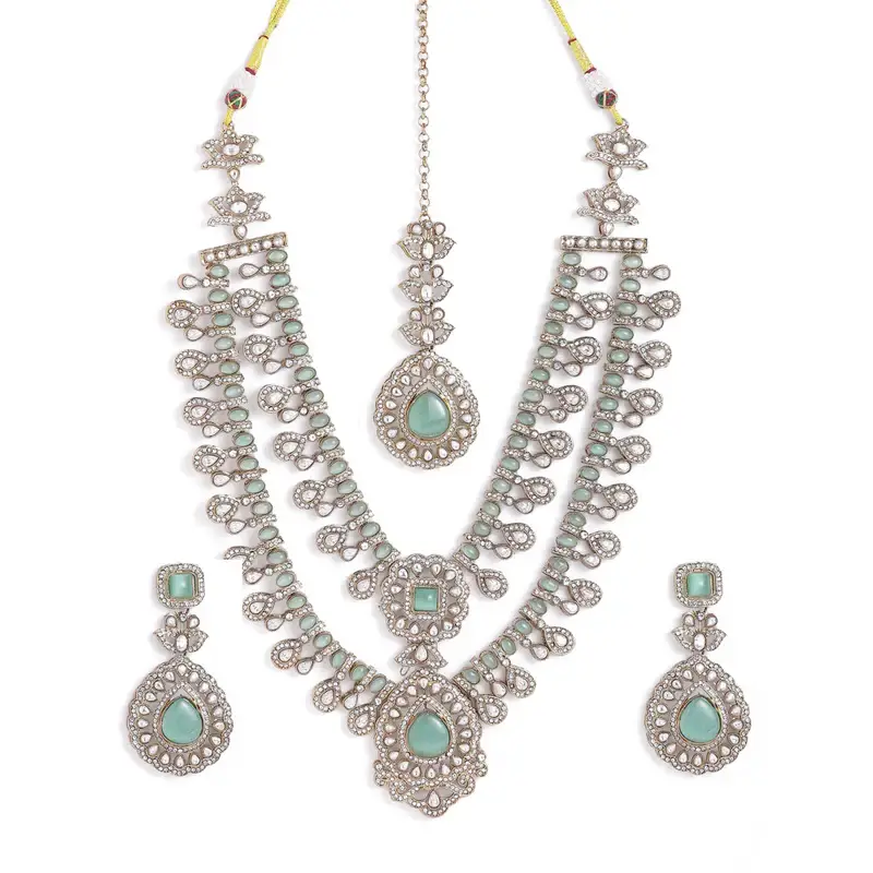 Aanantya Mint Green Layered Necklace Set With Maang Tikka : OSJJ-025-IG-NKERTK