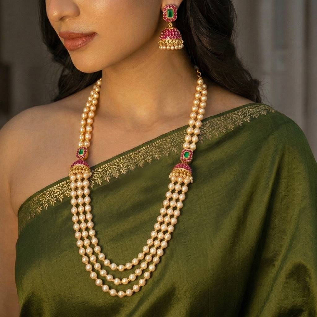 Ethnic Beads Layered Long Mala Necklace Earrings Set For Womengold Plated Faux Ruby Emerald & Pearl Traditional F : PF10ML27RG