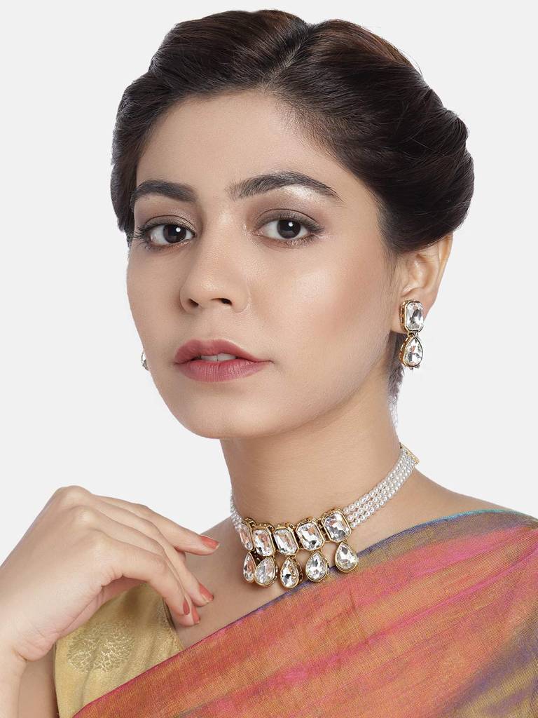 Crystal Pearl Traditional Ethnic Bridal Choker Necklace With Earrings Jewellery Set For Women Girls : PF24N2905W