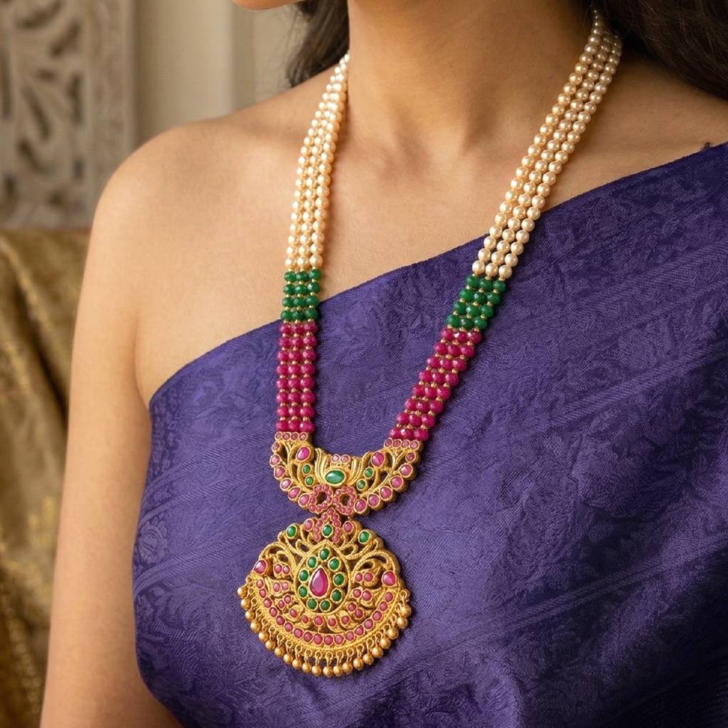 Ethnic Beads Layered Long Necklace For Women & Girls Gold Plated Faux Ruby Emerald & Pearl Studded Traditional Fe : PF10ML28RG