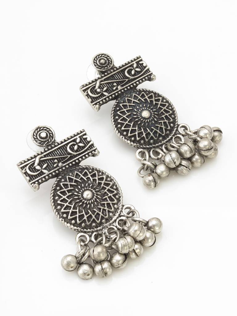Oxidized Silver Mandala Ghungroo Necklace Set With Coin Pendant And Matching Earrings : NK4238