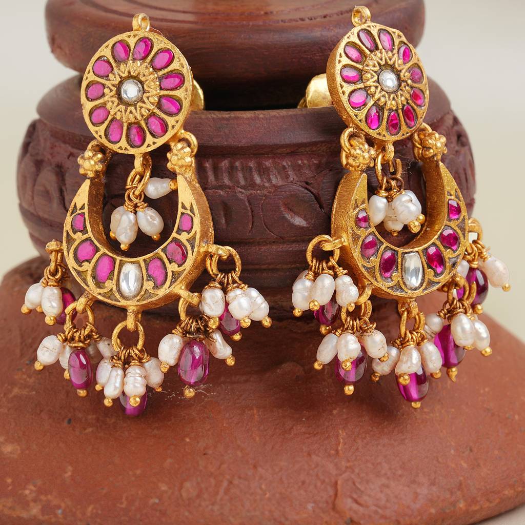 Gold-Plated Ruby & Pearl Kundan Chandbali Earrings For Women : SKN26N903