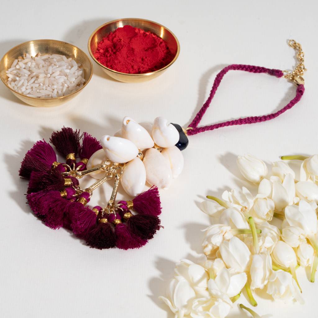 Magenta Tassel And Shell Lumba Bandhan Rakhi For Bhabhi : BS14927-DPK-RD-SLEEVE-PNK