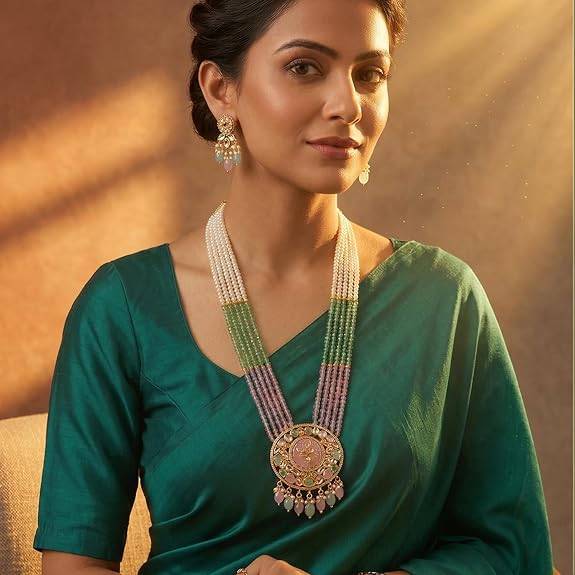 Pink Mint Stylish Long Necklace Earrings For Women & Girls Gold Plated Kundan & Beads Studded Festive Ethnic J : PF77LS04PKMNT