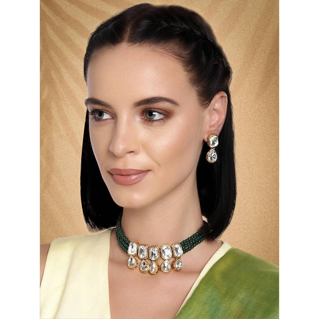 Crystal Pearl Traditional Ethnic Bridal Choker Necklace With Earrings Jewellery Set For Women Girls : PF24N2905G