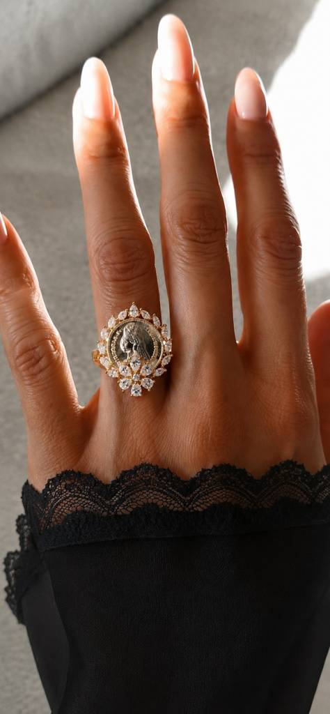 Gold Finish Ginni Gold Coin Adjustable Ring With Cz Diamonds For Women : 200022