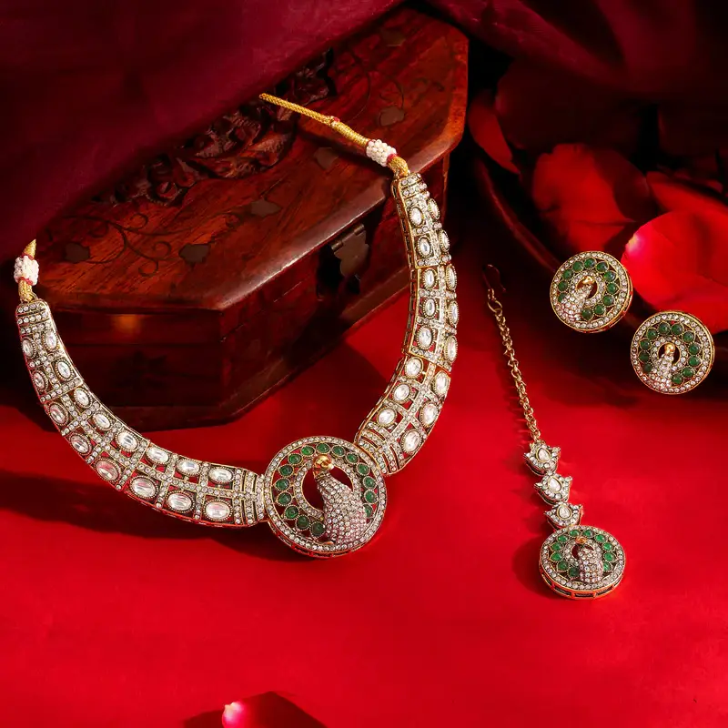Kanak Dhara Emerald Temple Necklace Set With Maang Tikka : OSJJ-016-IG-NKERTK