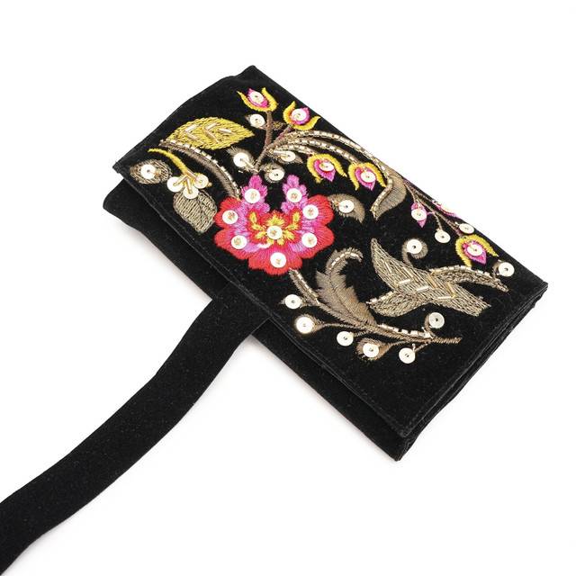 Handmade Embroidered Jewelry Storage Roll, Black Suede Fabric With Bugle Beads And Sequin : LM1027-Blk