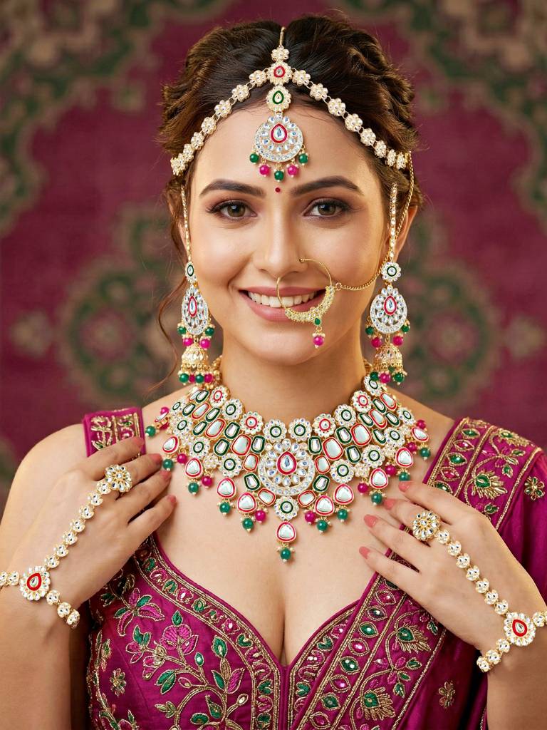 Bridal Kundan Jewellery Set With Hathphool & Nath : 2541-IZK-554-RG