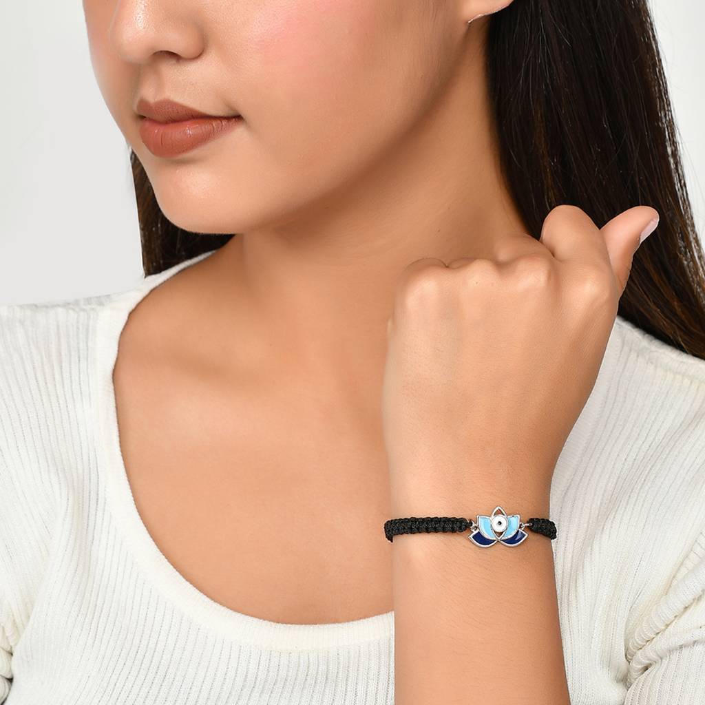 Evil Eye Lotus Motif Silver Oxidized Bracelet : 8905124479218