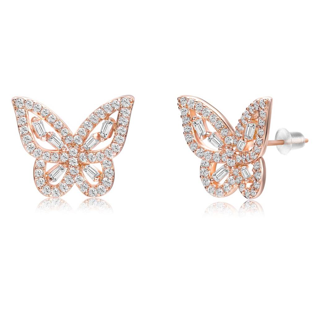 Butterfly Style Cz & Baguette Stone Stud Earrings Jewellery Gift For Women : PF68E337C